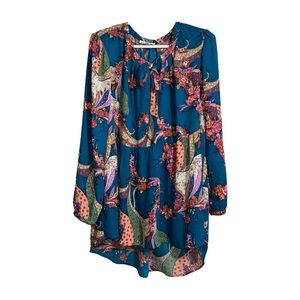EUC DR2 Teal Floral Paisley Boho Babydoll Hi-Lo Tunic w/Neck Ribbon Tie‎ - Large
